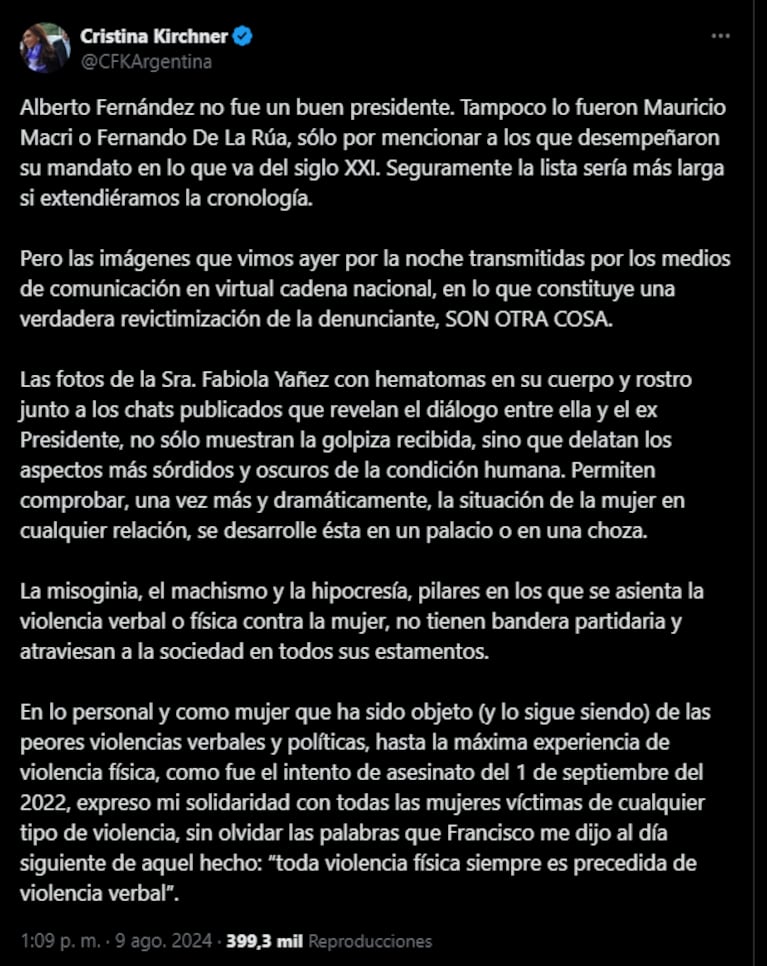 El posteo de Cristina Fernández contra Alberto Fernández.