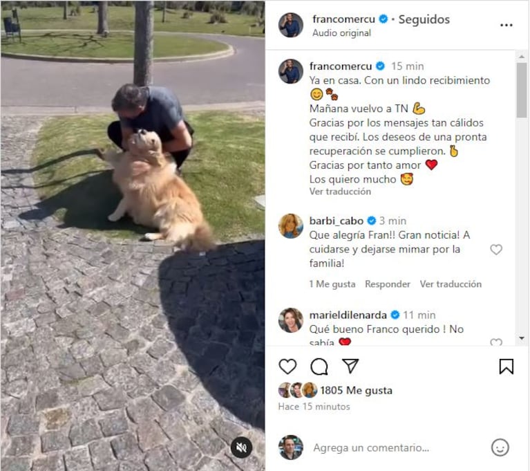 El posteo de Franco Mercuriali tras ser dado de alta (Foto: Instagram @francomercu)