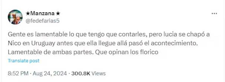 El posteo de Manzana sobre la infidelidad de Nicolás con Lucía (captura: Twitter)