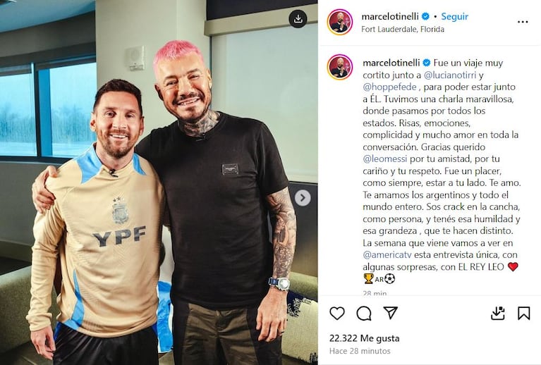 El posteo de Marcelo Tinelli sobre su encuentro con Leo Messi en Miami.