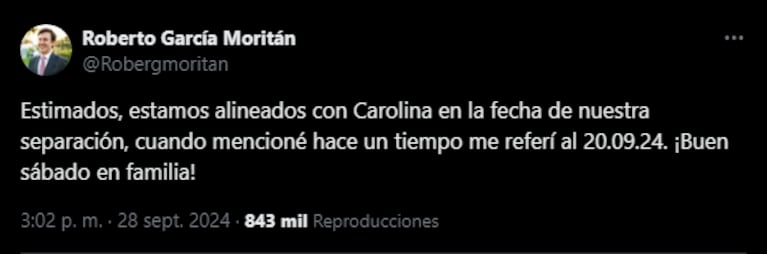 El posteo de Roberto García Moritán tras la catarsis de Pampita.