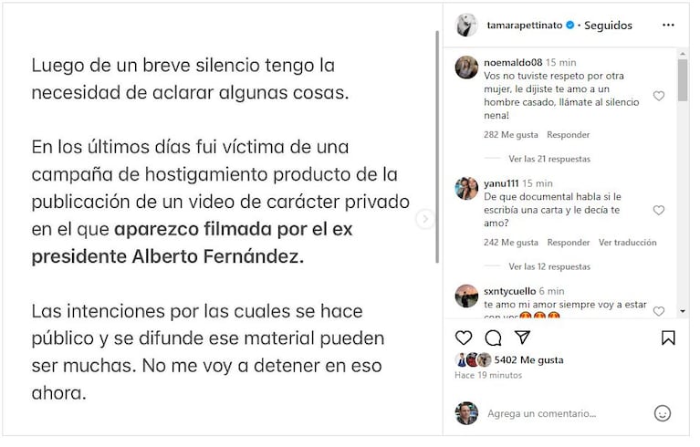 El posteo de Tamara Pettinato sobre su contrato en dólares con el Estado (Foto: Instagram)