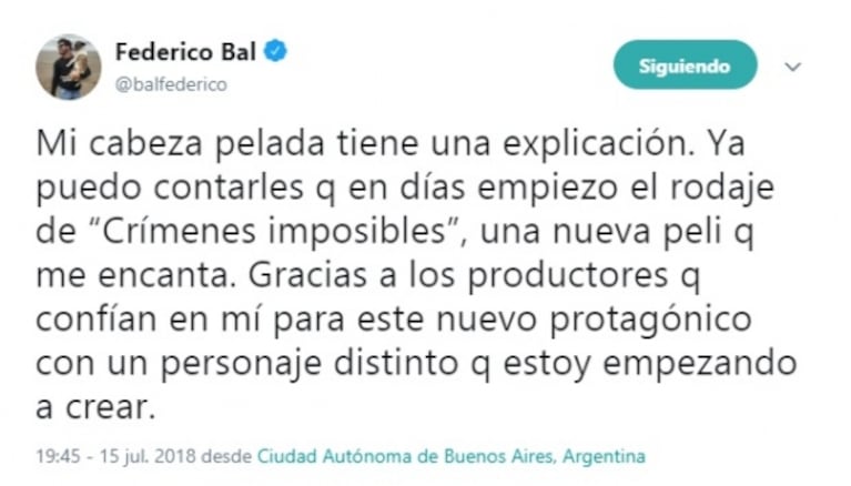 El radical cambio de look de Fede Bal: "Estoy empezando a crear un nuevo personaje para una nueva película"