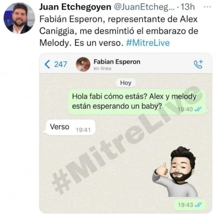 El representante de Alex Caniggia habló de los rumores de embarazo de Melody Luz