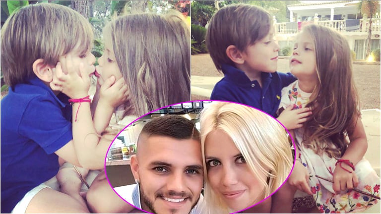 El "reto" de Wanda Nara a Icardi tras ver a su hija dándole un piquito a otro nene (Fotos: Instagram y Web)