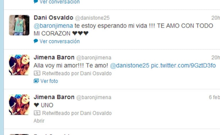 El romántico intercambio de tweets de Jimena Barón y Daniel Osvaldo (Foto: Captura). 