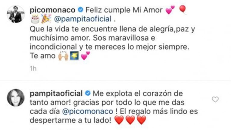 El romántico saludo de cumpleaños de Pico Mónaco a Pampita: "Sos maravillosa e incondicional, te amo"