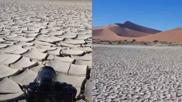 El ruido de este hombre al pisar las placas de arcilla agrietadas de un salar de Namibia es extrañamente satisfactorio