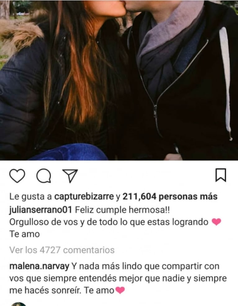 El saludo de cumpleaños de Julián Serrano a Malena Narvay: "Estoy orgulloso de vos y de lo que estás logrando"