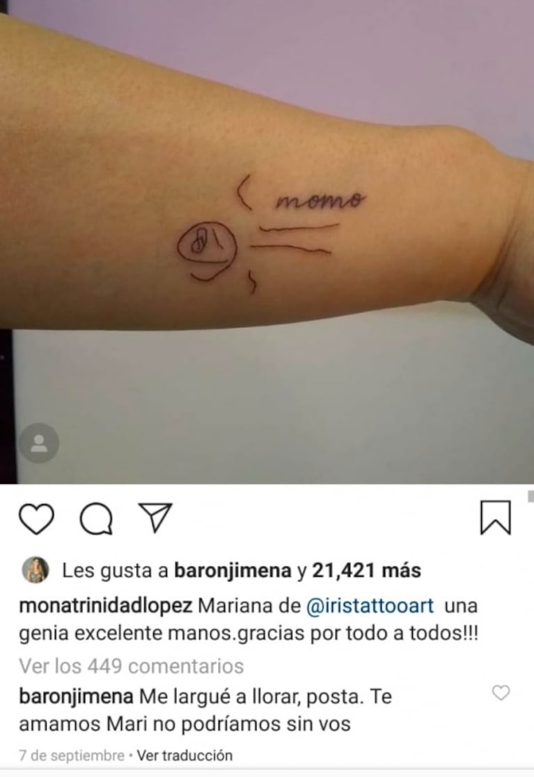 El significativo tatuaje que se hizo la niñera del hijo de Jimena Barón por Momo: la emotiva reacción de la artista