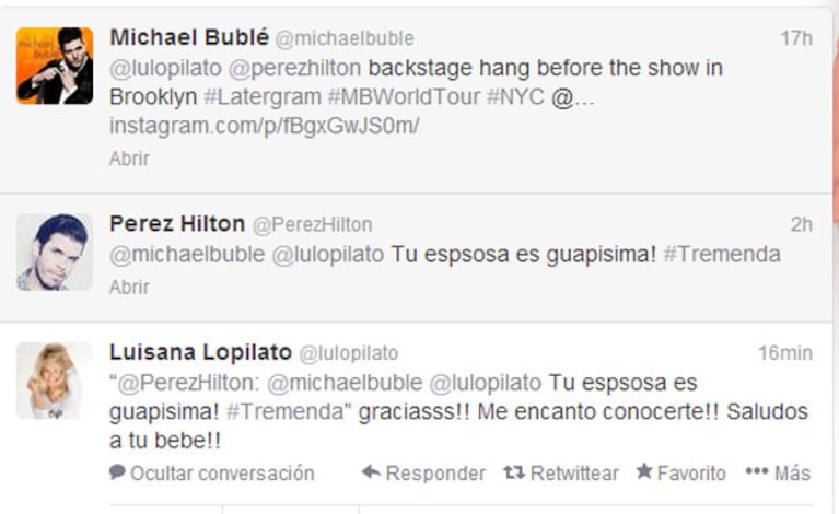 El simpático intercambio de tweets entre Luisana, Michael y Perez (Foto: Captura). 