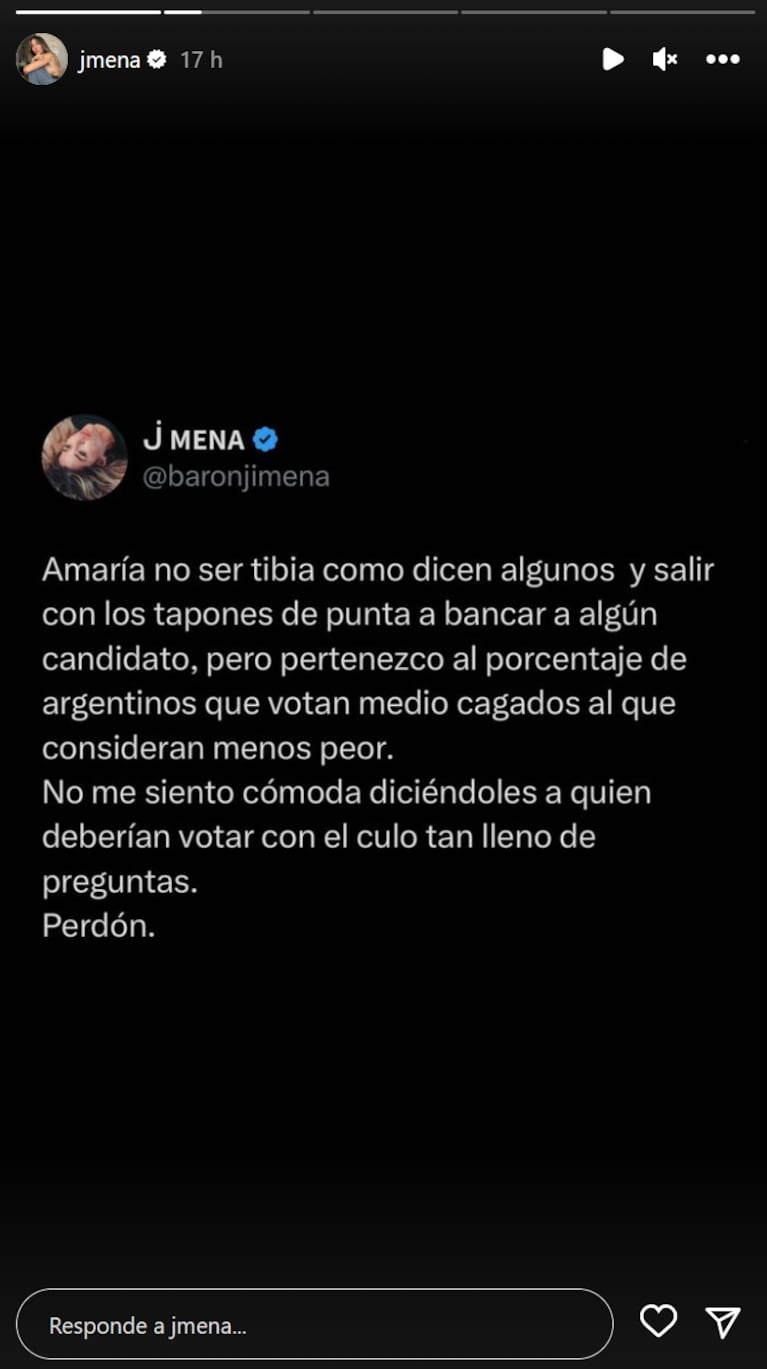 El sincericidio de Jimena Barón tras las elecciones presidenciales: “Me gustaría no ser tibia”