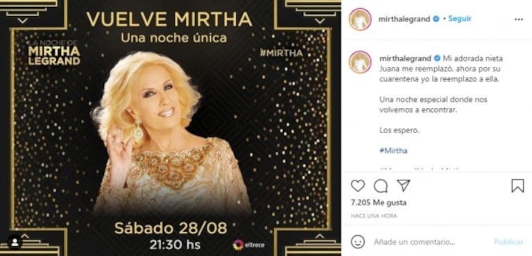 El sorpresivo anuncio de la vuelta de Mirtha Legrand a la TV: "Mi adorada nieta Juana me reemplazó, ahora yo la reemplazo a ella"