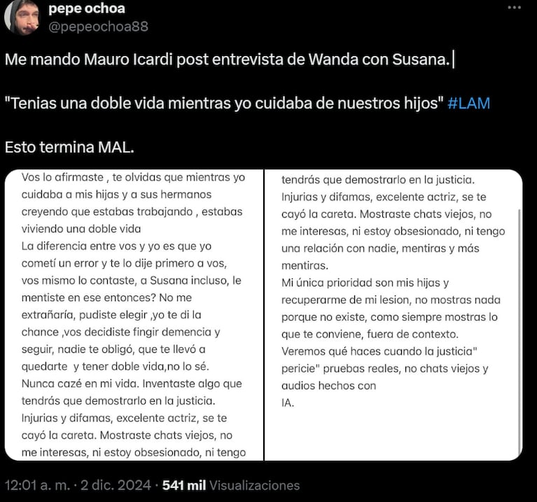 El supuesto descargo de Mauro tras la entrevista de Susana a Wanda.