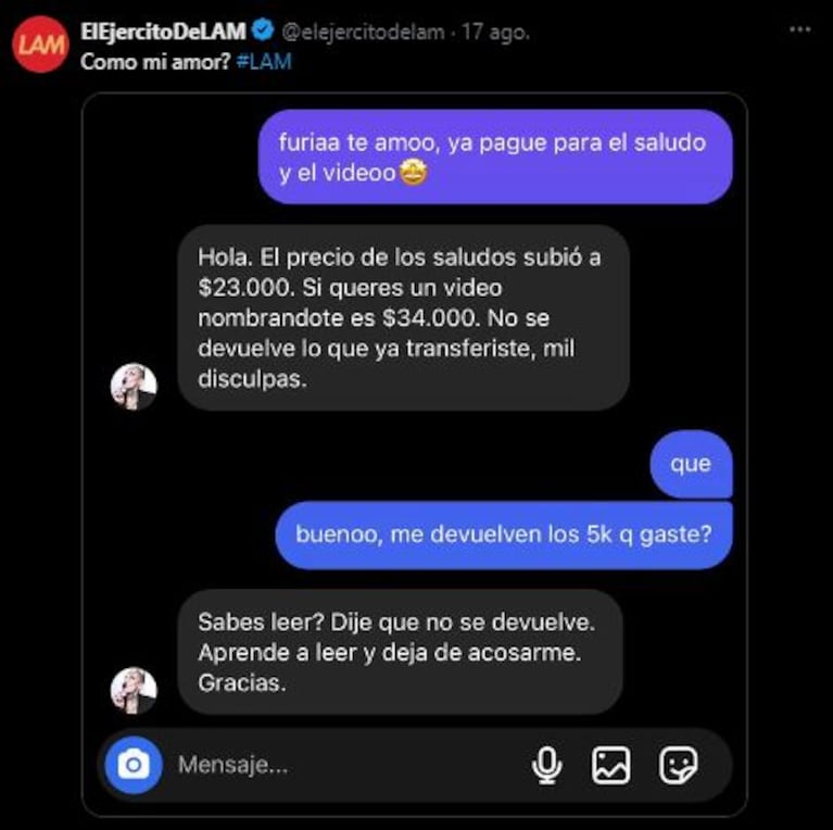 El supuesto diálogo de Furia con una fan (Foto: Twitter / X)