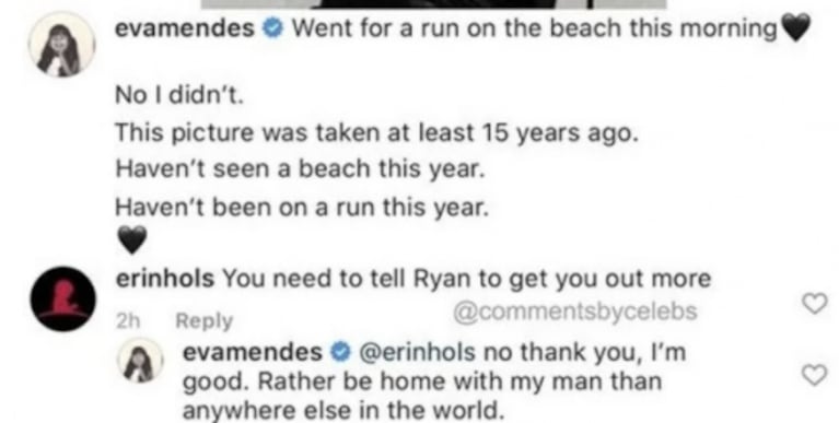 El tajante comentario de Eva Mendes a una seguidora, que se refirió con ironía a Ryan Gosling: "Prefiero quedarme en casa con mi hombre"
