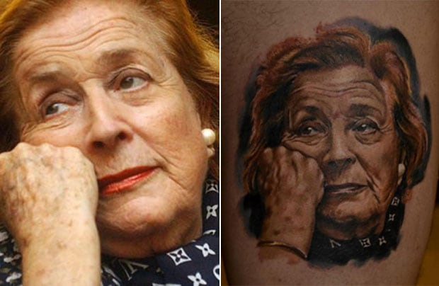 El tatuaje con la cara de China Zorrilla. (Fotos: Web y Twitter)