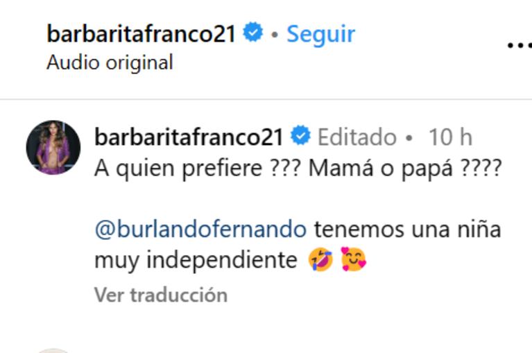 El tierno video de Sarah Burlando eligiendo entre Barby Franco o Fernando Burlando 