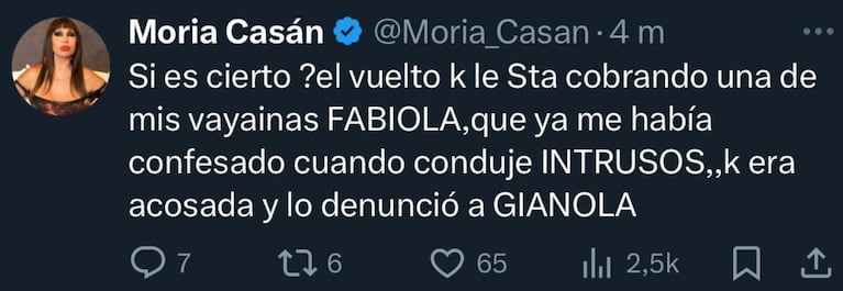 El tuit de Moria Casán sobre la denuncia de Fabiola Yañez a Alberto Fernández (Foto: captura X/moria_casan)