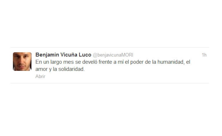 El tweet de agradecimiento de Benjamín Vicuña. (Captura: @benjavicunaMORI)