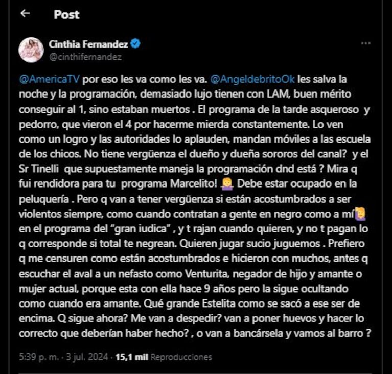 El tweet de Cinthia Fernández contra Luis Ventura (Foto: Twitter / X)