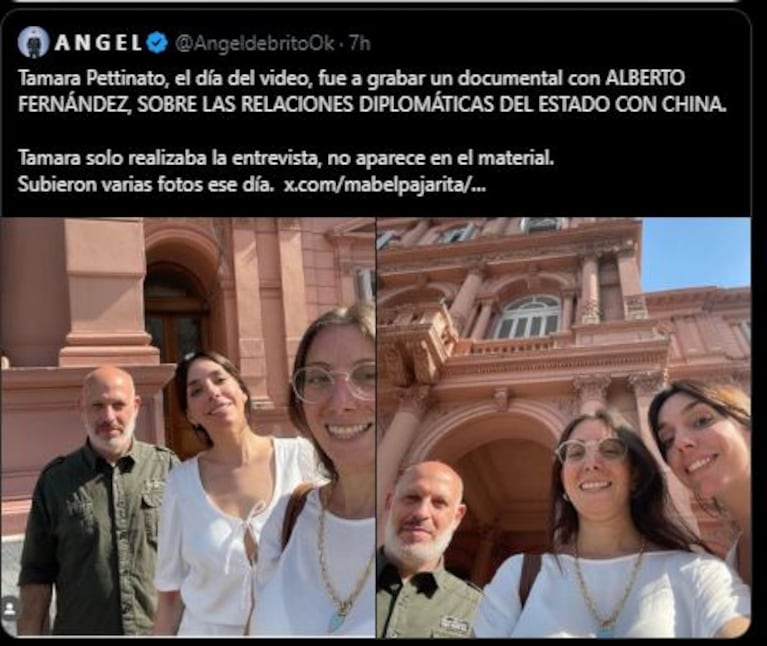 El tweet de De Brito sobre la entrevista que Tamara Pettinato le hizo al expresidente Fernández sobre las relaciones con China (Foto: Twitter / X)