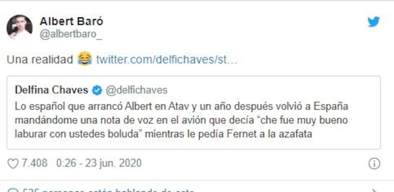 El tweet de Delfina Chaves que fue furor tras la vuelta de ATAV: "Lo español que arrancó Albert y se fue pidiendo un fernet"