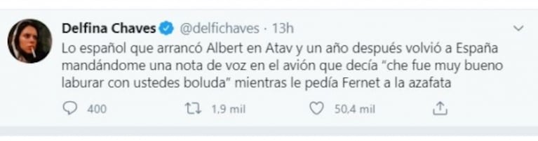 El tweet de Delfina Chaves que fue furor tras la vuelta de ATAV: "Lo español que arrancó Albert y se fue pidiendo un fernet"