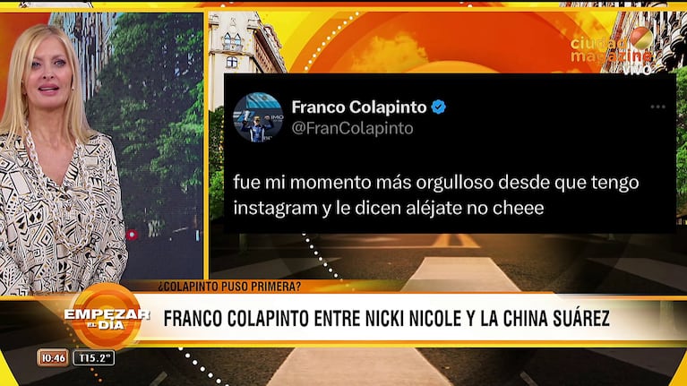 El tweet de Franco Colapinto tras enterarse que la China Suárez lo comenzó a seguir en redes (Foto: captura de Empezar el Día).