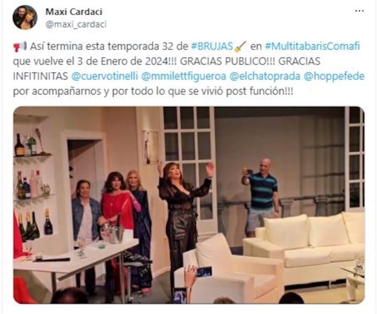 El tweet de Maxi Cardaci sobre Marcelo Tinelli y MIlett Figeuroa en la despedida de Brujas (Twitter @maxi_cardaci)