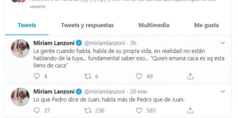 El tweet de Miriam Lanzoni mientras Yanina Latorre y Mariana Brey dudaban de su ruptura: "Hablan de su vida"