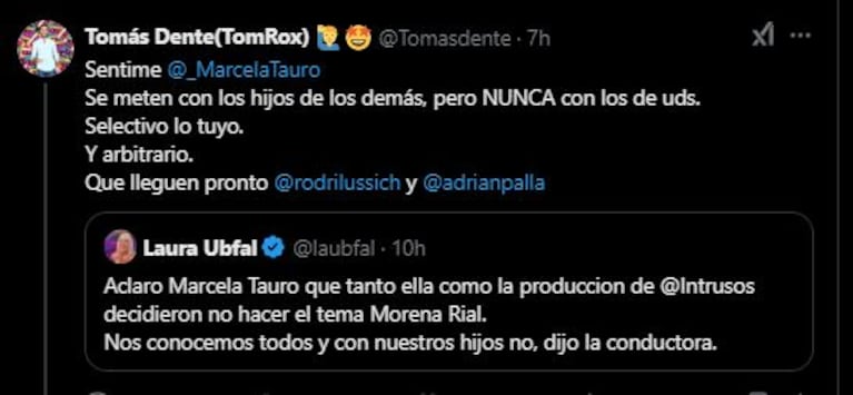 El twwet explosivo de Tomás Dente contra Marcela Tauro (Foto:  Twitter / X)