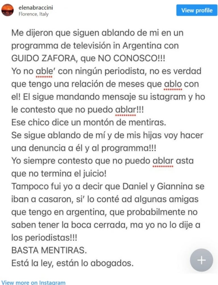 Elena Braccini, la ex de Daniel Osvaldo, fulminó a Guido Záffora: "Dice un montón de mentiras"