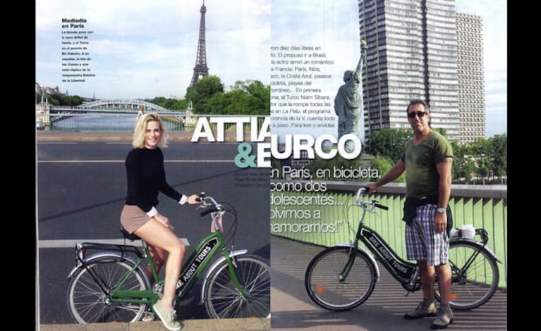 Emilia Attias y el Turco Naím, amor en bicicleta en París. (Fotos: revista Gente)