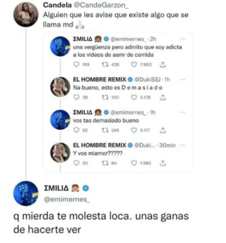 Emilia Mernes cerró su cuenta de Twitter tras cruzarse fuerte con una seguidora: "Unas ganas de hacerte ver"