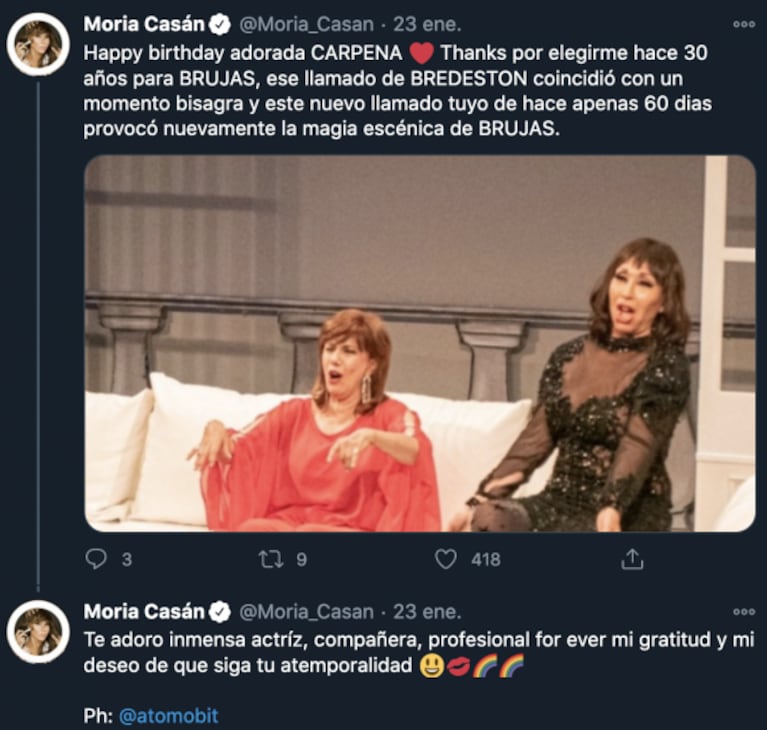 Emotivo mensaje de Moria Casán a Nora Cárpena por su cumple: "Te adoro, inmensa actriz"