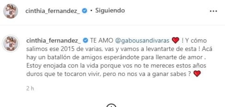 Emotivo posteo de Cinthia Fernández a Gabo Usandivaras por la muerte de su hermana: "Enojada con la vida"