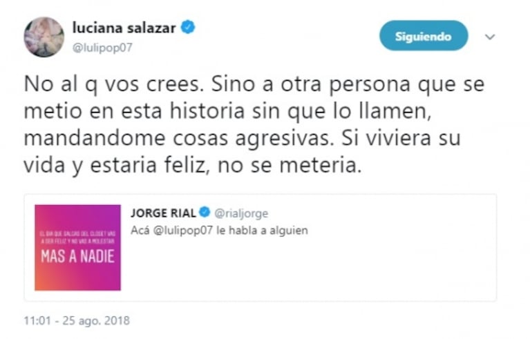 En pie de guerra con Redrado, la aclaración de Luli Salazar tras publicar "el día que salgas del clóset, vas a ser feliz"