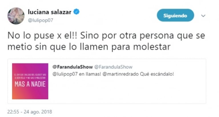 En pie de guerra con Redrado, la aclaración de Luli Salazar tras publicar "el día que salgas del clóset, vas a ser feliz"