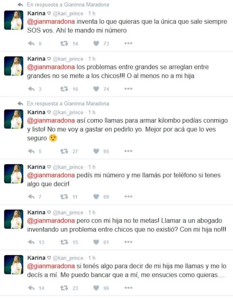 Escándalo entre La Princesita Karina y Gianinna Maradona en Twitter: "Me banco que me ensucies como quieras... ¡pero con mi hija no te metas!" 