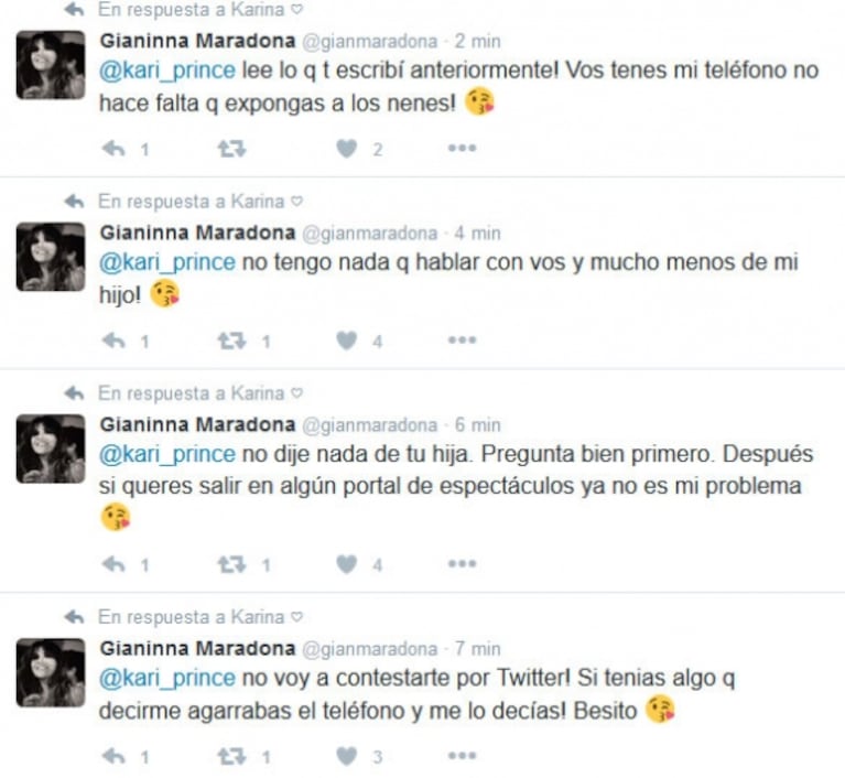 Escándalo entre La Princesita Karina y Gianinna Maradona en Twitter: "Me banco que me ensucies como quieras... ¡pero con mi hija no te metas!" 