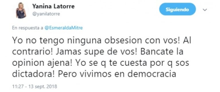 Escandaloso cruce en Twitter entre Yanina Latorre y Esmeralda Mitre