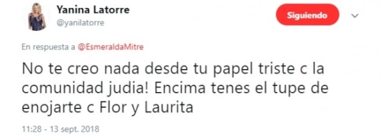 Escandaloso cruce en Twitter entre Yanina Latorre y Esmeralda Mitre