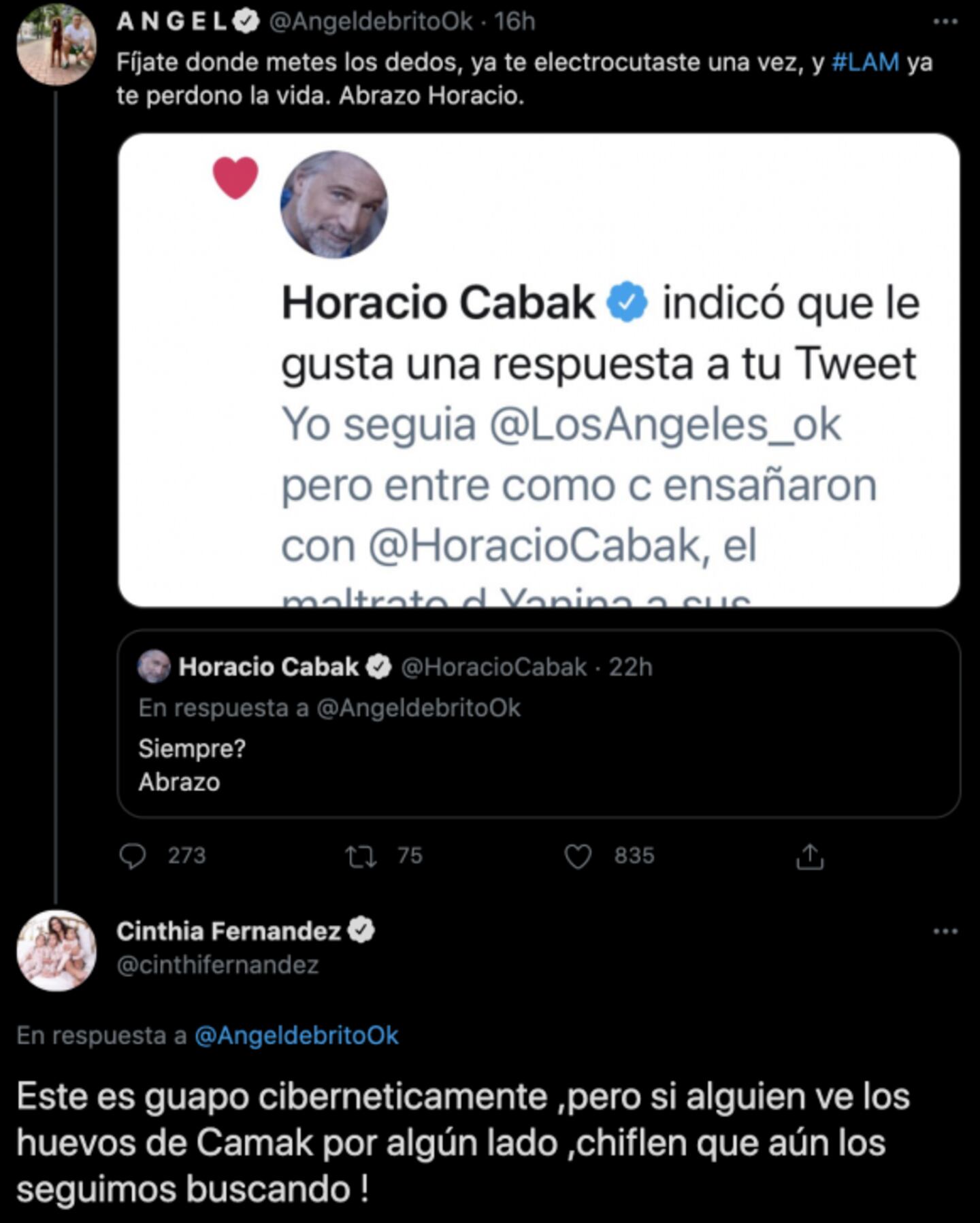 Escandaloso cruce entre Horacio Cabak y Cinthia Fernández en Twitter: 