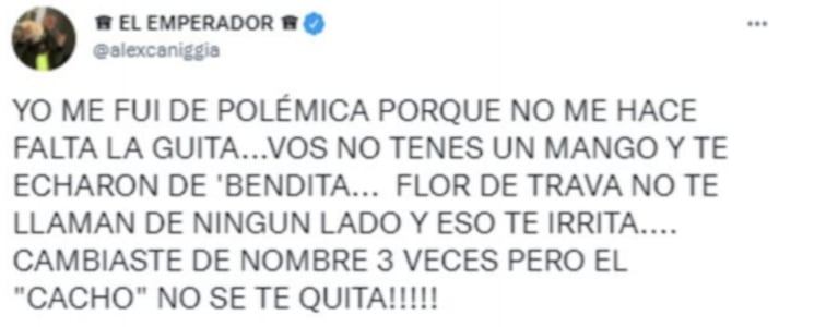 Escandaloso tweet de Alex Caniggia contra Flor de la Ve por criticar sus salida de Polémica del Bar: "No te llaman de ningún lado"