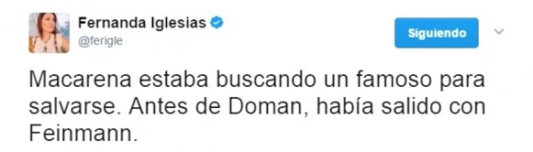 Escandalosos tweets de Fernanda Iglesias contra la novia de Fabián Doman... ¡y picante respuesta de Macarena Rawson Paz en vivo!