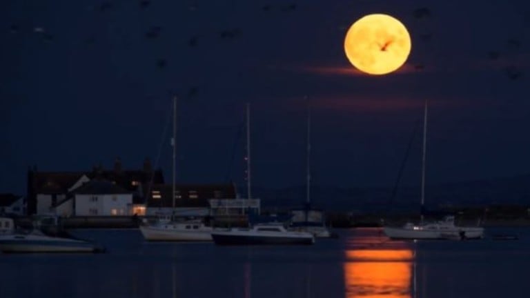 Espectaculares imágenes de la luna de cosecha del 21 de septiembre en la costa de Mudeford Quay, Reino Unido