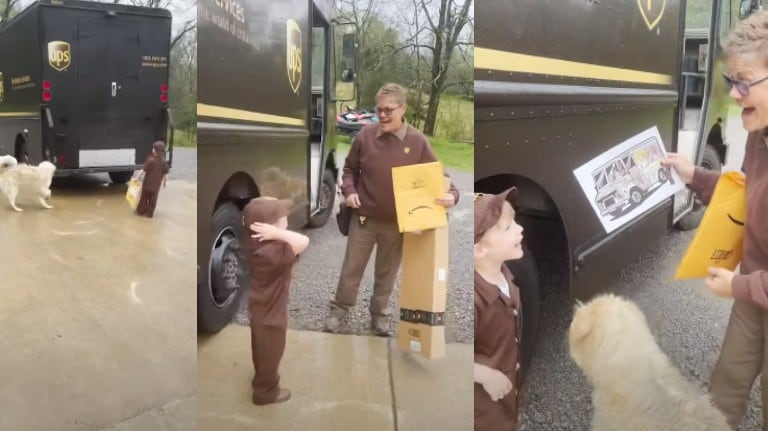 Este niño se disfraza para darle una sorpresa a su repartidora favorita