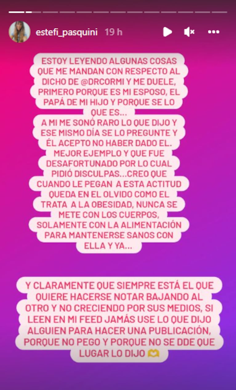 Estefanía Pasquini se enojó y salió a defender de las críticas a Alberto Cormillot