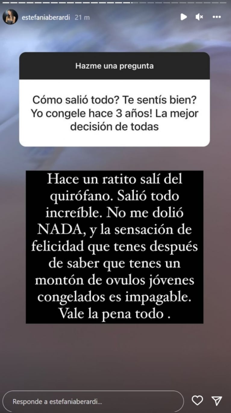 Estefi Berardi habló tras realizarse el procedimiento para congelar óvulos: "Salió todo increíble"